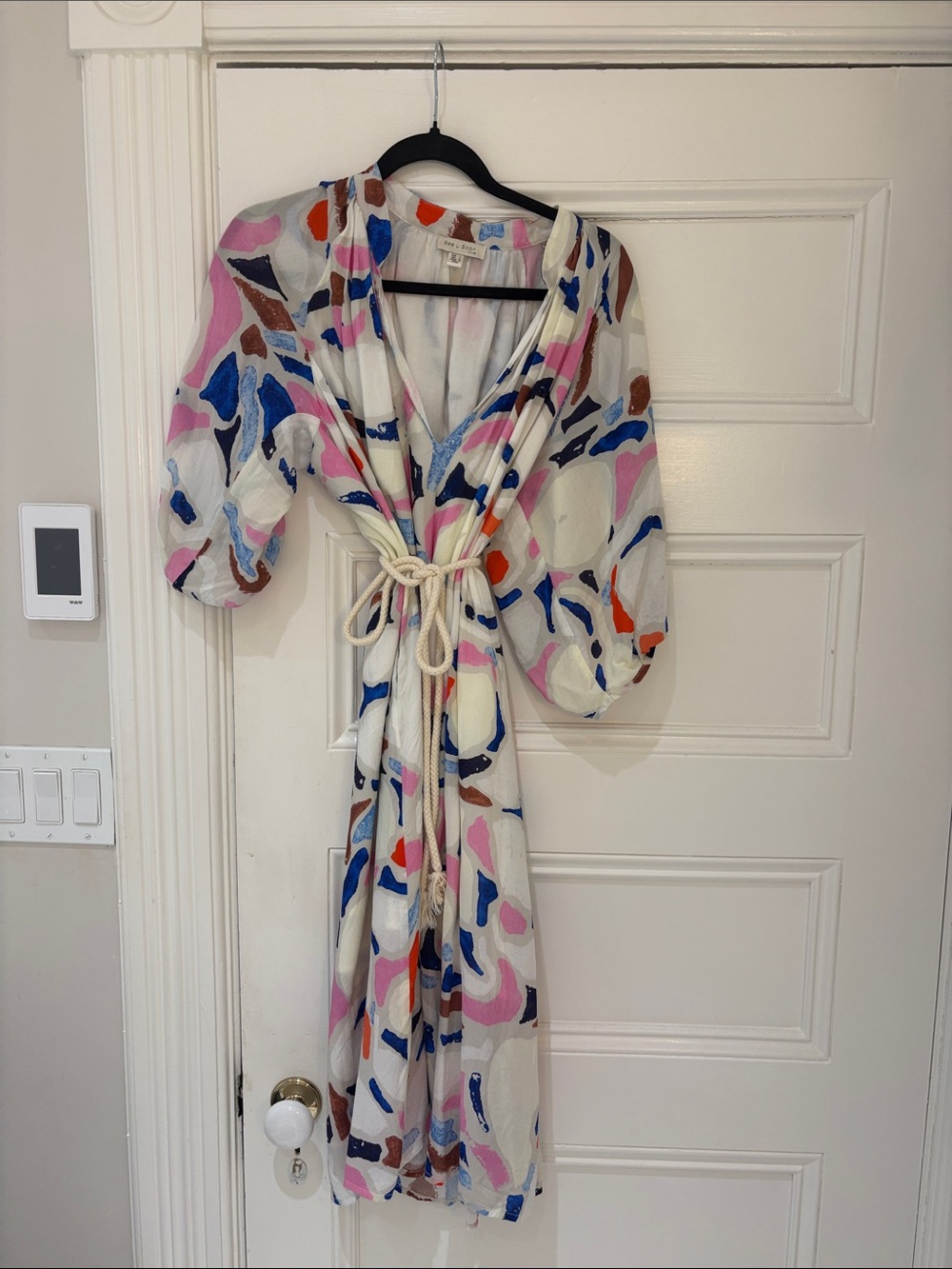 See u soon, light weight printed dress, lined with rope belt.